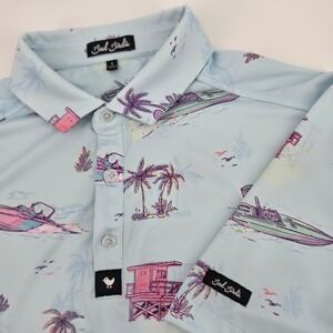 Bad Birdie Mens Large Golf Polo Shirt Tropical Palm Tree AOP Stretch Performance